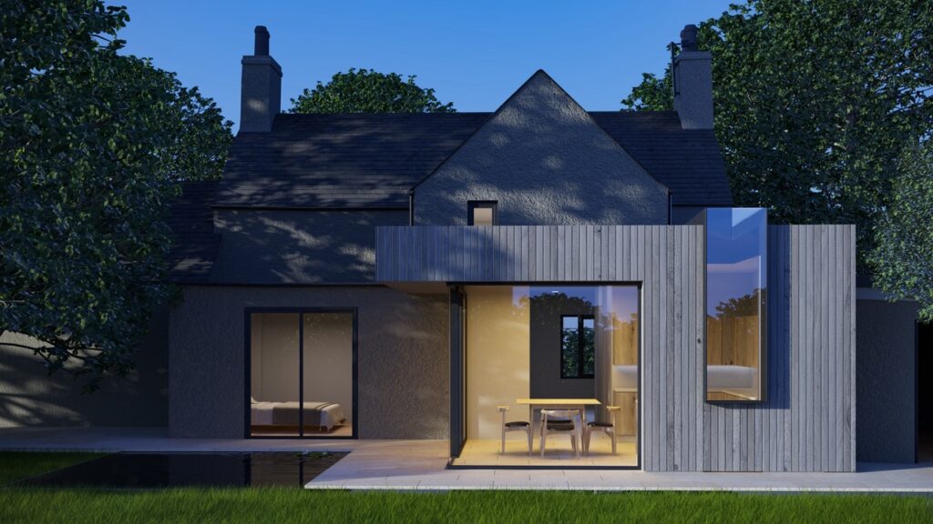 Timber clad extension with corner glazing and frameless window & rooflight
