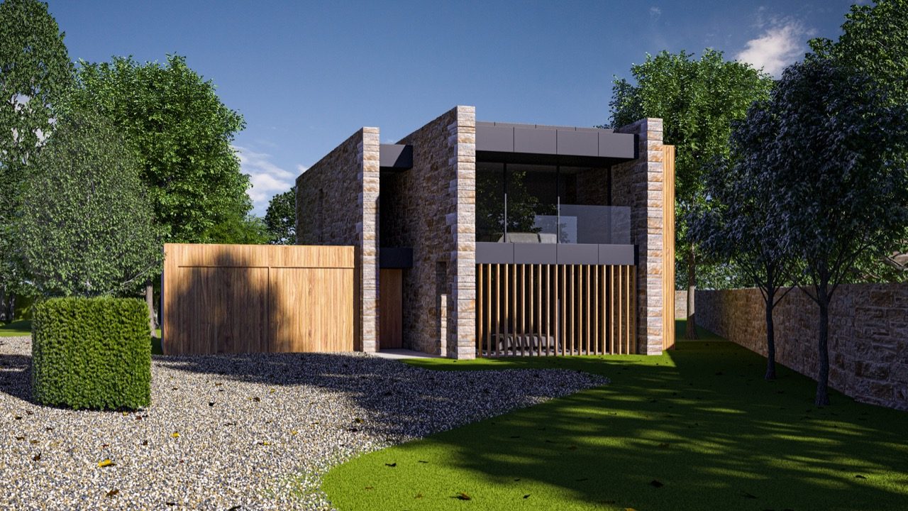 New sandstone villa with terrace and timber louvres