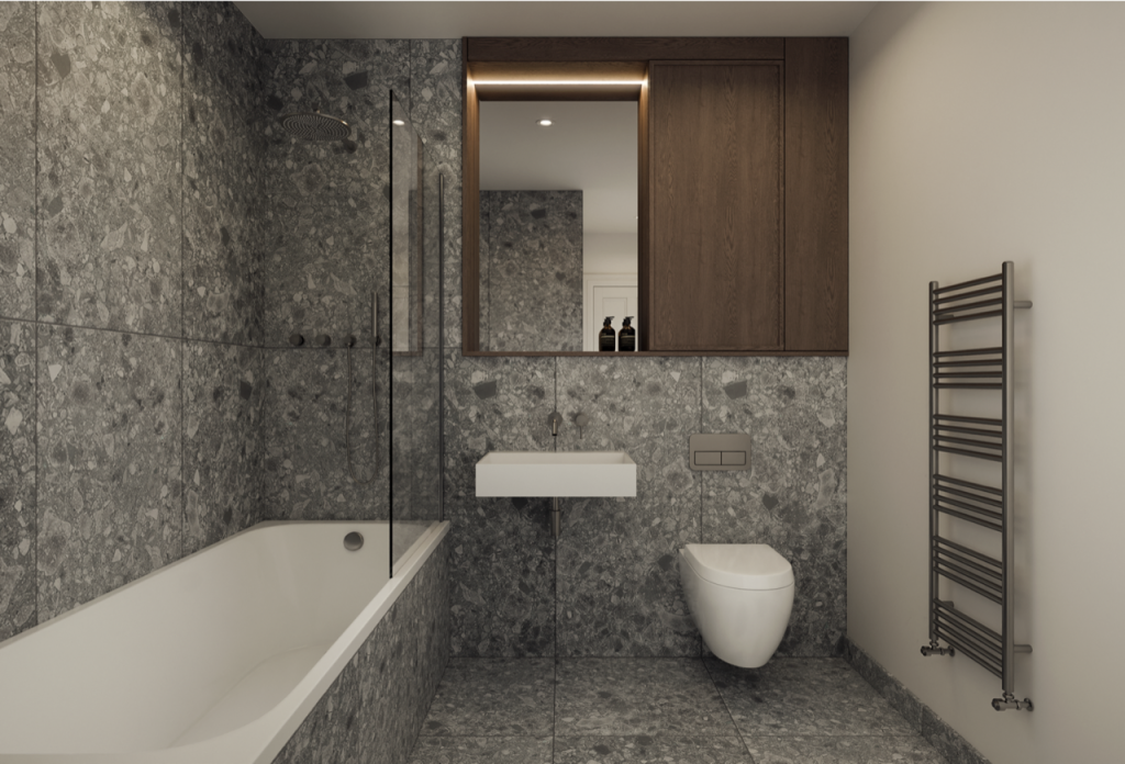 Bathroom with Lusso sanitaryware, terrazzo tiles and smokes oak mirror cabinet