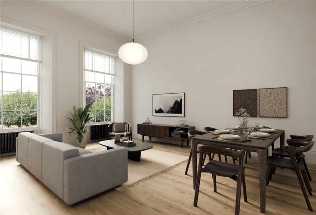 Contemporary living room and oak floor and black multi column radiators