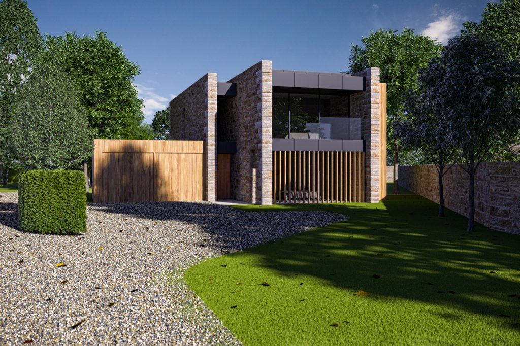 New build masonry detached villa with sandstone and timber clad walls, timber louvres and balcony with frameless glass barriers
