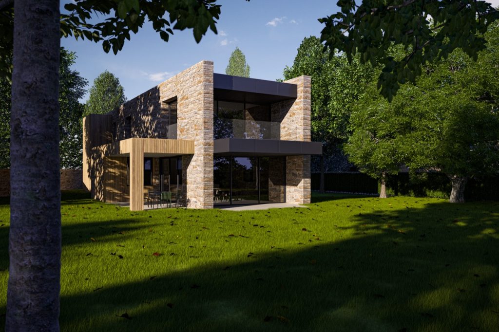 New build masonry detached villa with sandstone and timber clad walls and balcony with frameless glass barriers