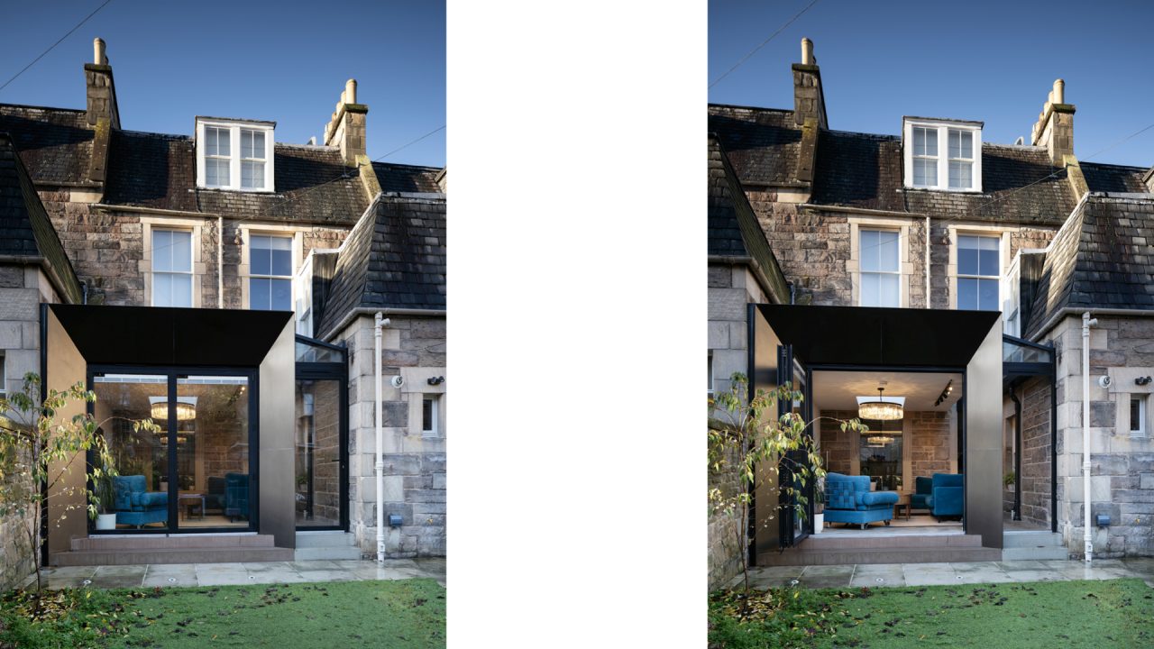 Rear Extension to sandstone terrace townhouse with bronze cladding and bifold aluminium doors